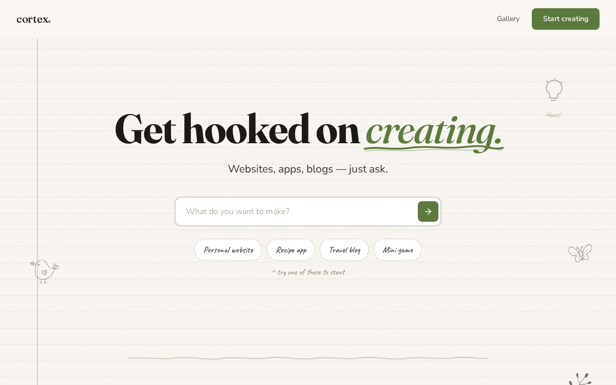 Cortex homepage: Get hooked on creating.