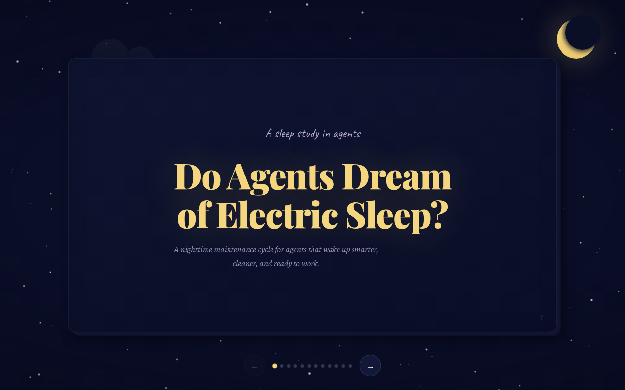 The interactive storybook's cover: Do Agents Dream of Electric Sleep?, in gold lettering against a starry night sky.